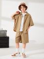 SHEIN Kids KDOMO Boys' Casual Turn-Down Collar Short Sleeve Shirt And Shorts Set