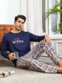 Men'S Letter Printed Long Sleeve T-Shirt And Plaid Pants Homewear