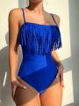 SHEIN Swim Basics Solid Color One-piece Swimsuit Decorated With Tassel