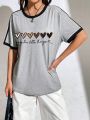 Heart & Slogan Graphic Contrast Binding Tee