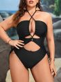 SHEIN Swim SXY Plus Cut Out Crisscross Tie Backless Halter One Piece Swimsuit