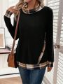 Contrast Plaid Trim Cowl Neck Sweatshirt