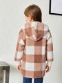 SHEIN Young Girl Buffalo Plaid Pattern Drop Shoulder Hooded Teddy Coat