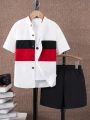 SHEIN Kids KDOMO 2pcs/Set Tween Boys' College Style Color Block Shirt And Shorts Outfit