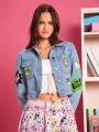 THE POWERPUFF GIRLS X SHEIN 1pc Cartoon Graphic Flap Pocket Crop Denim Jacket