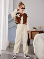 Teen Girls' Letter Patchwork Baseball Jacket And Pants Two Piece Set