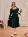 SHEIN Tween Girl Square Neck Gigot Sleeve Pearls Beaded Velvet Dress