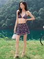 Little Floral Print Halter Swimsuit Set With Lace Detailing