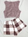 Women's Plus Size Flannel Vest And Plaid Pants Pajama Set