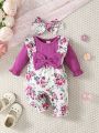 SHEIN Baby Girl Floral Print Ruffle Trim Flounce Sleeve Bow Front Jumpsuit & Headband