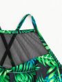 SHEIN Swim Vcay Women'S Tropical Plant Print Halter Bikini Top