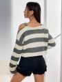 Striped Pattern Asymmetrical Neck Drop Shoulder Sweater