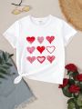 SHEIN Girls' Lovely Heart Print Short Sleeve T-Shirt For Little Girls