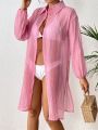 SHEIN Swim Vcay Solid Button Front Longline Kimono