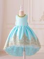 Young Girl Colorblock Sleeveless Party Dress With Embroidered Patchwork, Long Front And Bow-Knot Decorated Back