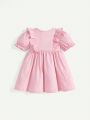 Cozy Cub Baby Girl's 2pcs/Set Plant Cartoon Patterned Round-Neck Dress With Ruffled Hem And Bubble Sleeves