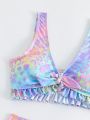 Tween Girls' Swimsuit Set, 3d Art Printed, Casual Party, Beach Vacation, Spring/Summer