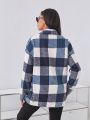 SHEIN Essnce Ladies' Plaid Turn-down Collar Woolen Overcoat With Flap Pockets