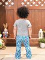 SHEIN Baby Girl's Casual Summer Floral Printed Short Sleeve T-Shirt And Butterfly Printed Flared Pants Set