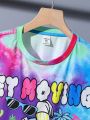 SHEIN Kids Cooltwn Tween Boys' Casual Tie-Dye Skater & Letter Print Round Neck Loose Fit Short Sleeve Knitted Tee
