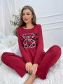 2pcs/set Letter Printed Bear Motif T-shirt And Plain Pants Pajamas Set