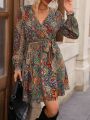 Paisley Print Surplice Neck Belted Dress