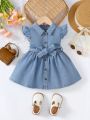 Baby Girls' Cute Flutter Sleeve Belted Denim Dress