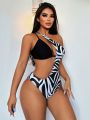 SHEIN Swim SXY Summer Beach Women's Single-Shoulder Hollow-Out One-Piece Dress With Zebra Print