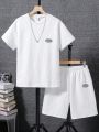 2pcs/Set Teenage Boys' Letter Patched Short Sleeve T-Shirt And Shorts With Embossed Logo Detail