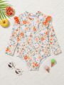 Baby Floral Print Zipper Front Frill Trim One Piece Swimsuit