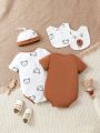 Newborn Baby Boy 5pcs Cute Bear Animal Pattern Bodysuit With Bibs And Hat