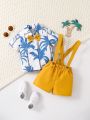 Baby Boy Blue Coconut Tree Print Shirt With Suspenders And Shorts Set