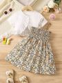 SHEIN Young Girl Ruffle Trim Top & Ditsy Floral Print Shirred Cami Dress