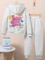 SHEIN Kids Cooltwn Little Girls' Casual Hooded Two-piece Suit With Letter Print