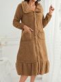 Women's Plush Long Sleeve Sleep Dress With Twin Pockets