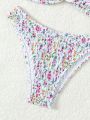 SHEIN Swim Mod Ditsy Floral Smocked Bandeau Bikini Swimsuit