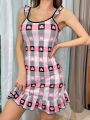 Women's Heart Plaid Printed Lotus Edge & Decorated Straps Nightgown