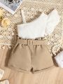 Infant One-shoulder Top And Lace Trim Shorts Set