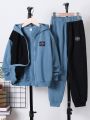 SHEIN Kids EVRYDAY Tween Boy Two Tone Letter Patched Detail Hooded Jacket & Sweatpants