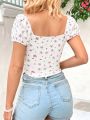 SHEIN WYWH Women's Floral Print Sweetheart Neck T-shirt With Drawstring