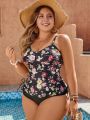 SHEIN Swim Classy Plus Size Floral Print Tankini Swimsuit Set With Bikini Bottom