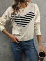 Heart Striped Drop Shoulder Casual Sweater Pullover