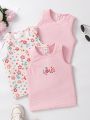 SHEIN Kids QTFun Girls' Lovely Printed Vest Top 3pcs Set, Suitable For Spring/summer Vacation