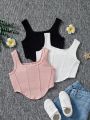 SHEIN Kids EVRYDAY 3pcs/Set Knitted Solid Color Square Neck Sleeveless Top For Tween Girls