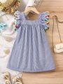 SHEIN Kids CHARMNG Little Girls' Blue & White Striped Patchwork Fringed Flying Sleeve Dress