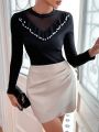 SHEIN Privé Ruffled Pearl Beaded Mesh Panel Long-Sleeved T-Shirt