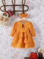 Baby Girl Ruffle Hem Flounce Sleeve Layer Hem Dress With Headband