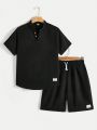 SHEIN Teenage Boys' 2pcs/set Casual Comfortable Short Sleeve Shirt And Shorts