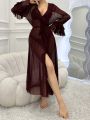 1pc Mesh Perspective Robe With Lotus Leaf Decoration