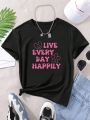 Teen Girls' Face Print Round Neck T-Shirt With Slogan